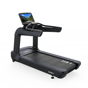 Commercial grade treadmill with a touch screen display and a black frame, designed for running and fitness activities.